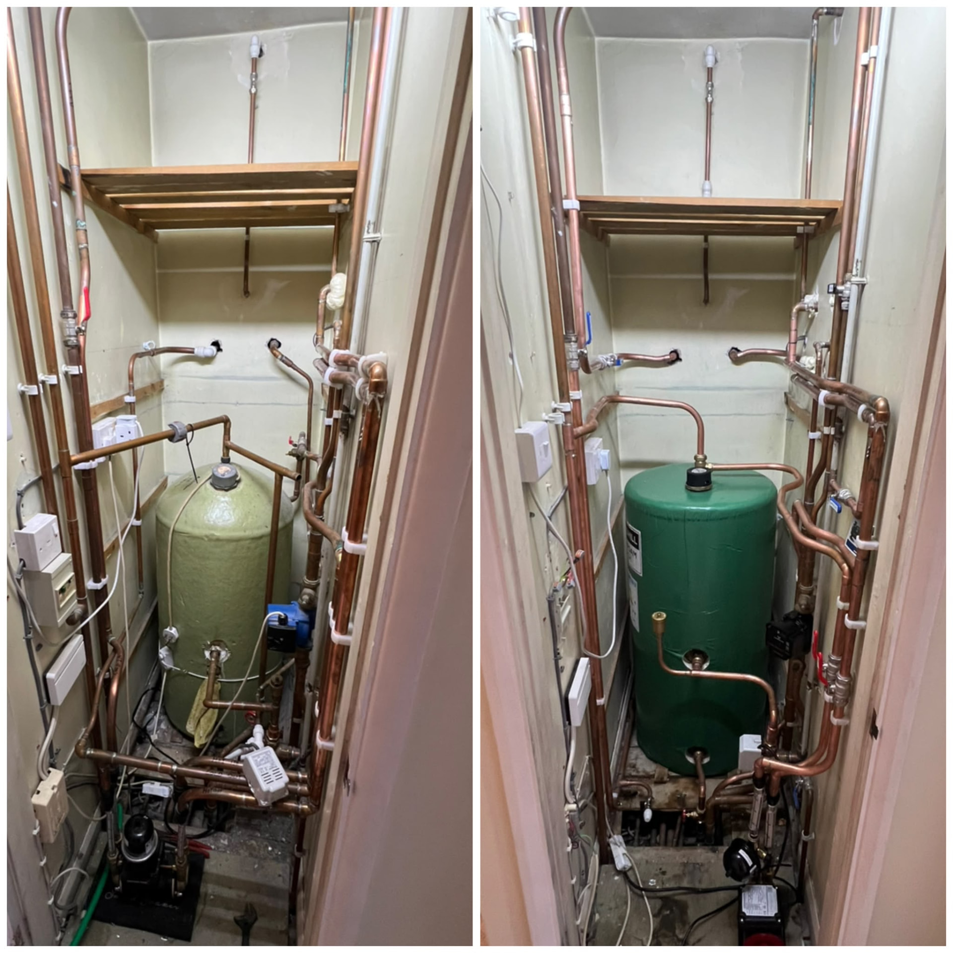 Hot water cylinder replacement before and after, old cylinder swapped for a new insulated cylinder, fitted by Gas Safe registered engineers in Essex